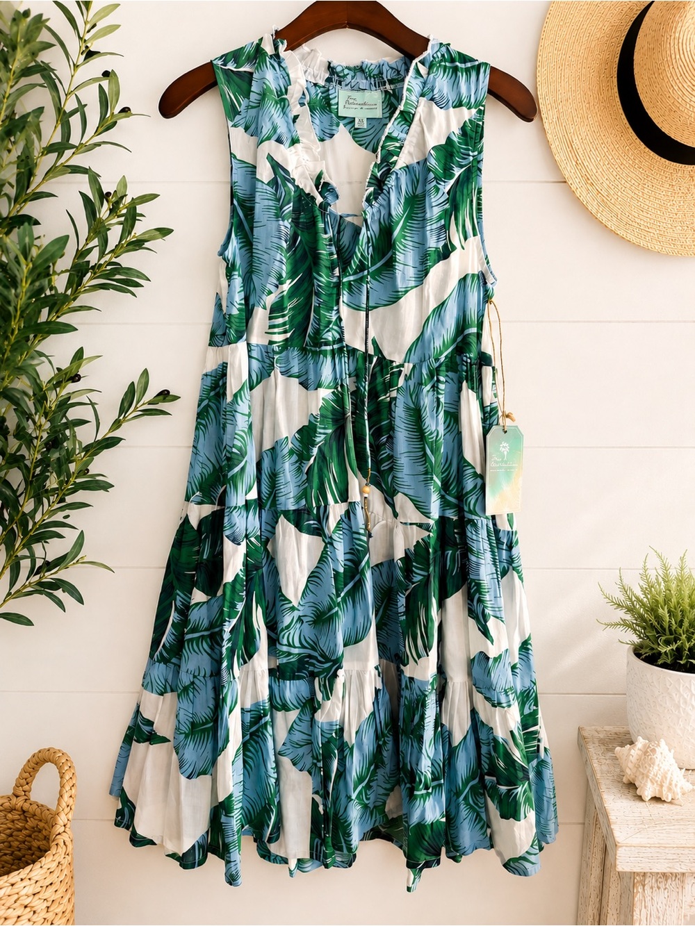 Free Destinations Palm Leaf Tropical Tiered Oversized Mini Dress NWT